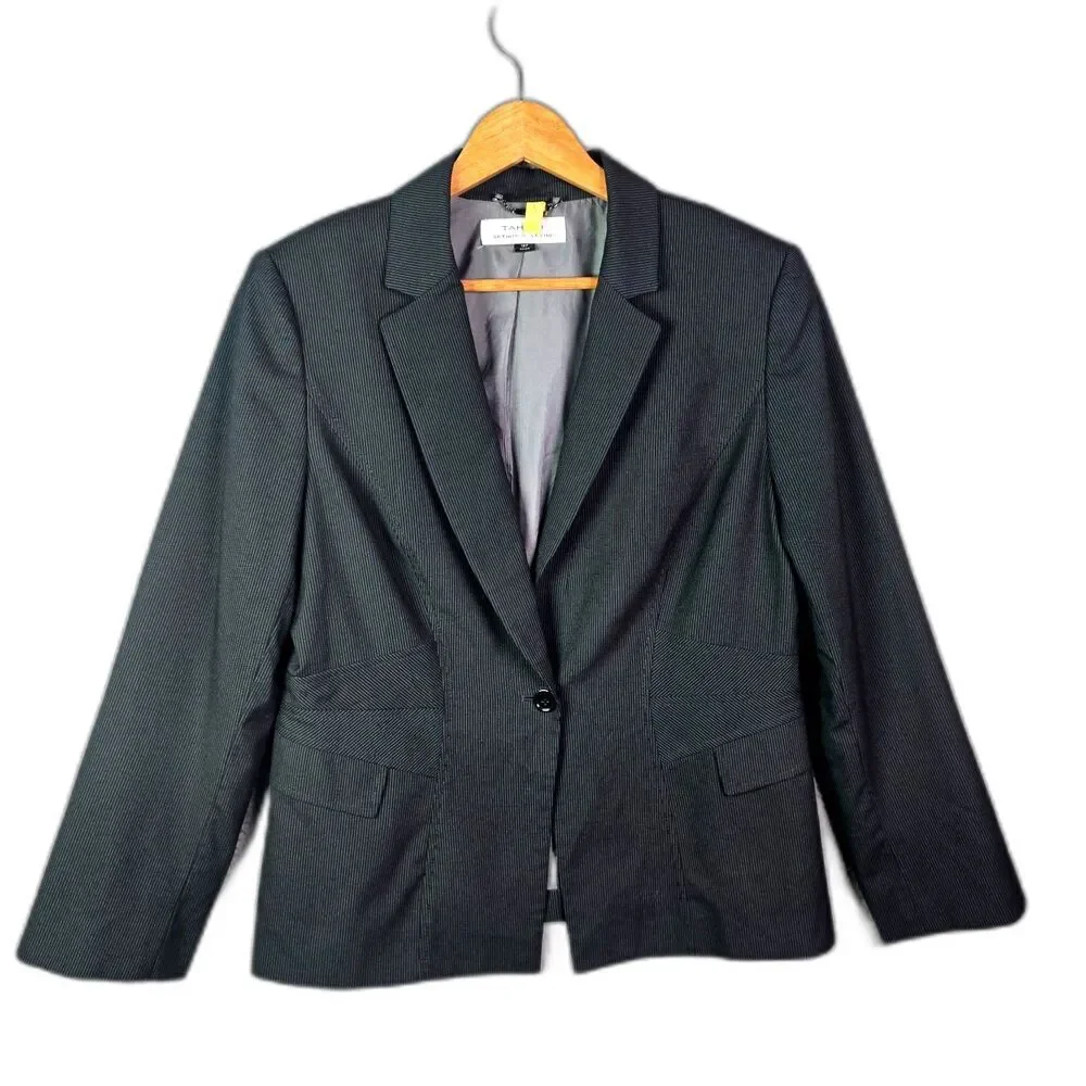 Tahari ASL Blazer Black Gray Pinstripe 12P Structured Career Petite